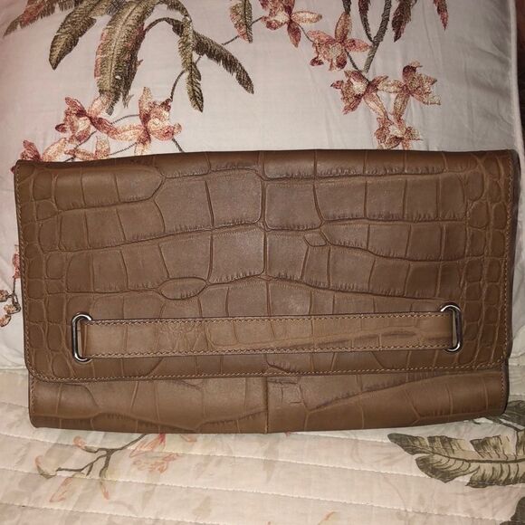 Halogen Tan Leather Croc Print Envelope Clutch - Picture 1 of 5